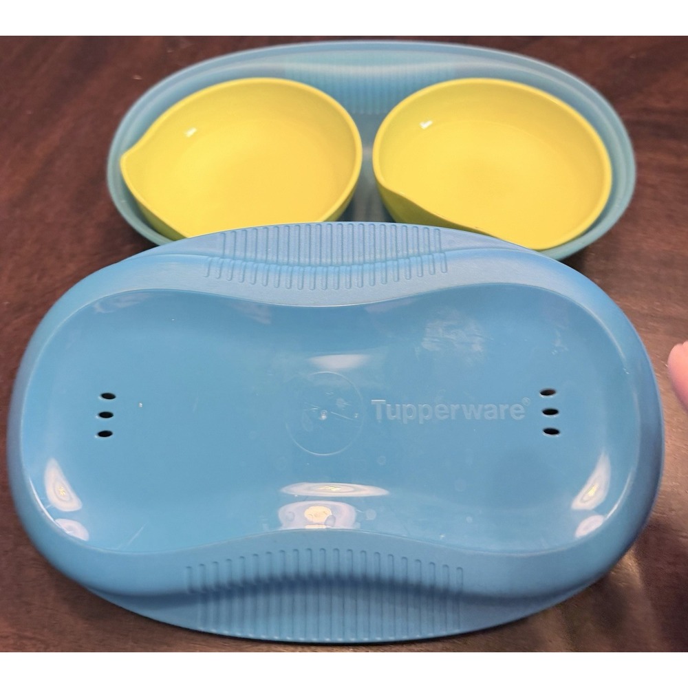 Tupperware Four Piece Blue Yellow Breakfast Maker Microwave Egg Cooker